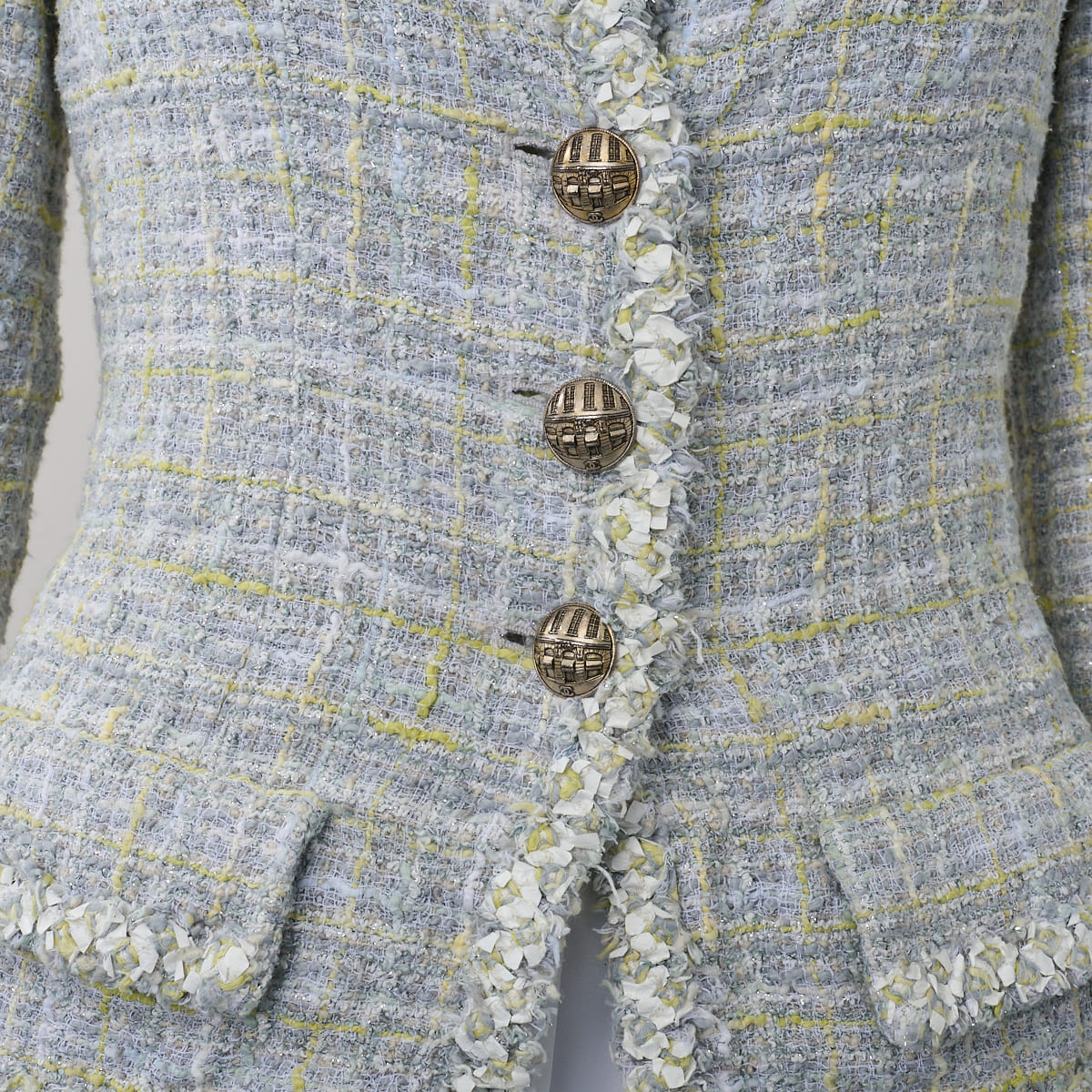 CHANEL Jacket, Tweed, No Collar, Cotton Blend, Blue, Silver-Tone Hardware, Pre-Owned - Vintage La Charme