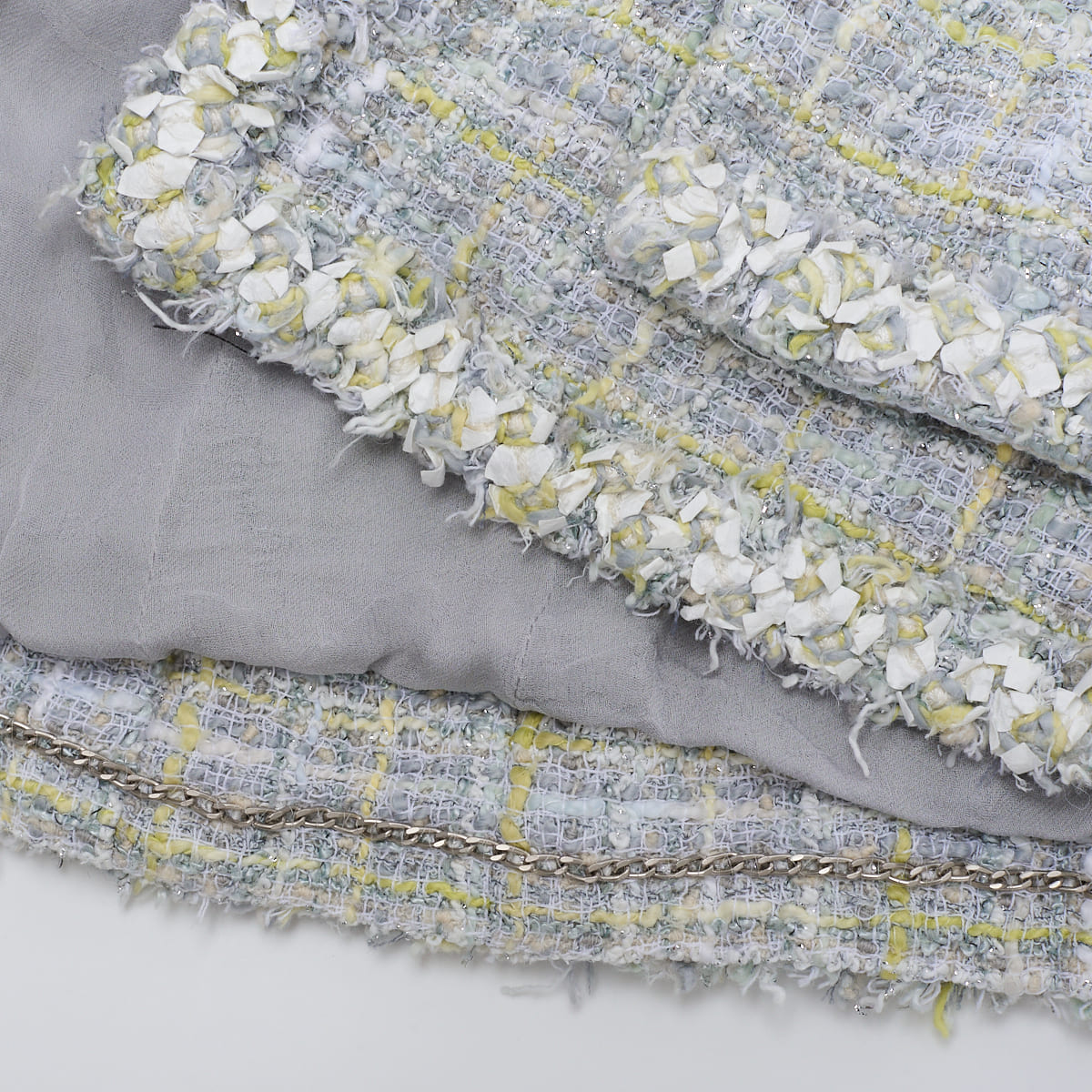 CHANEL Jacket, Tweed, No Collar, Cotton Blend, Blue, Silver-Tone Hardware, Pre-Owned - Vintage La Charme
