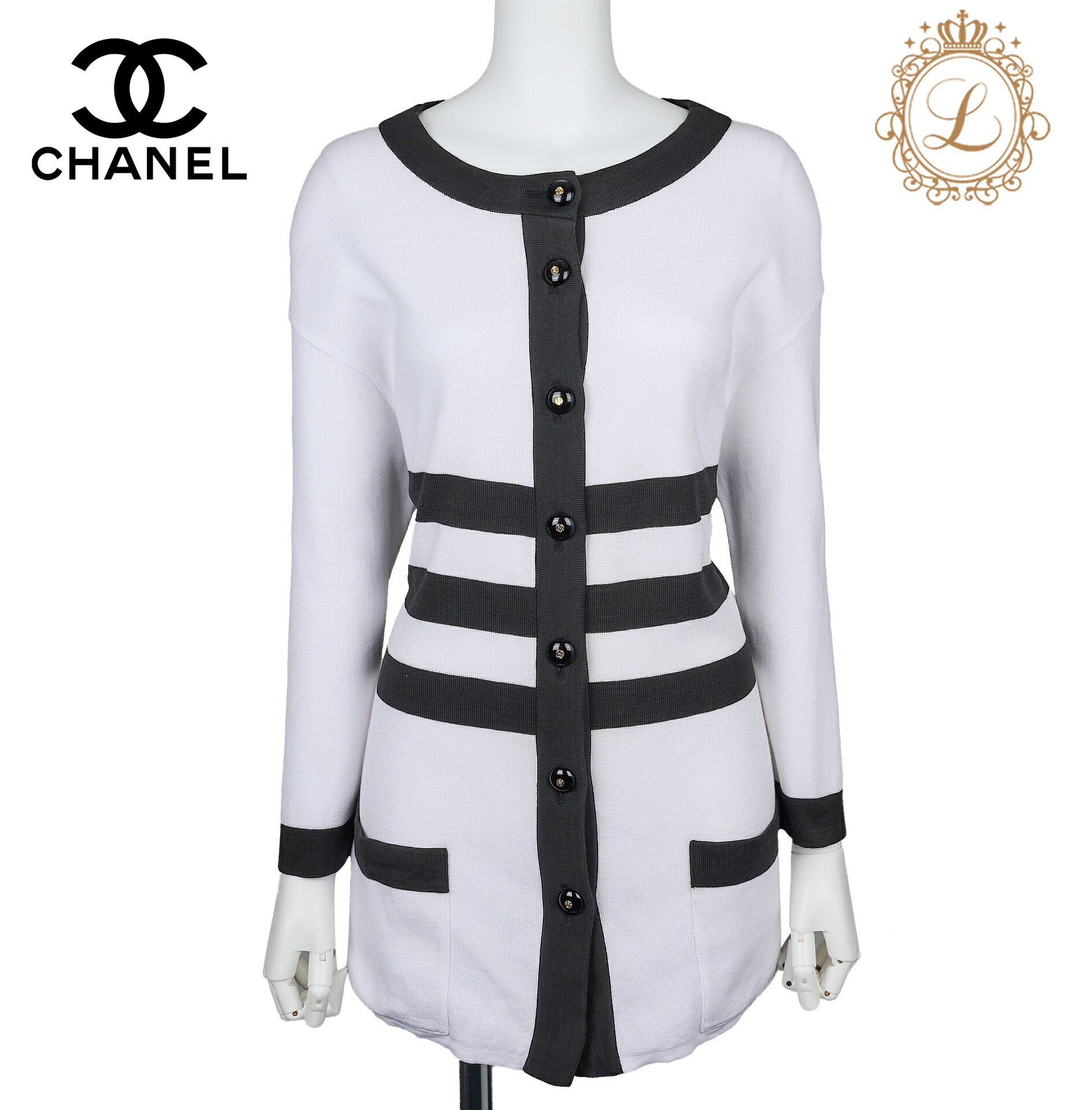 CHANEL Cardigan Knit Sweater Jacket, Long Sleeve, Cotton, White, Gold-Tone Hardware, Pre-Owned - Vintage La Charme