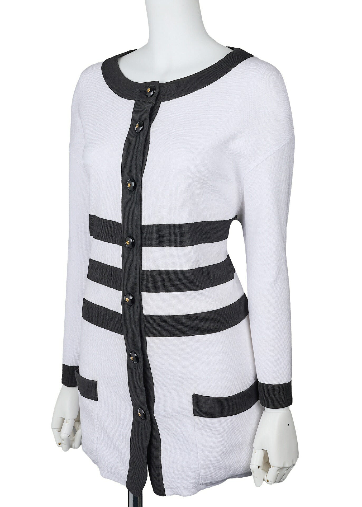CHANEL Cardigan Knit Sweater Jacket, Long Sleeve, Cotton, White, Gold-Tone Hardware, Pre-Owned - Vintage La Charme