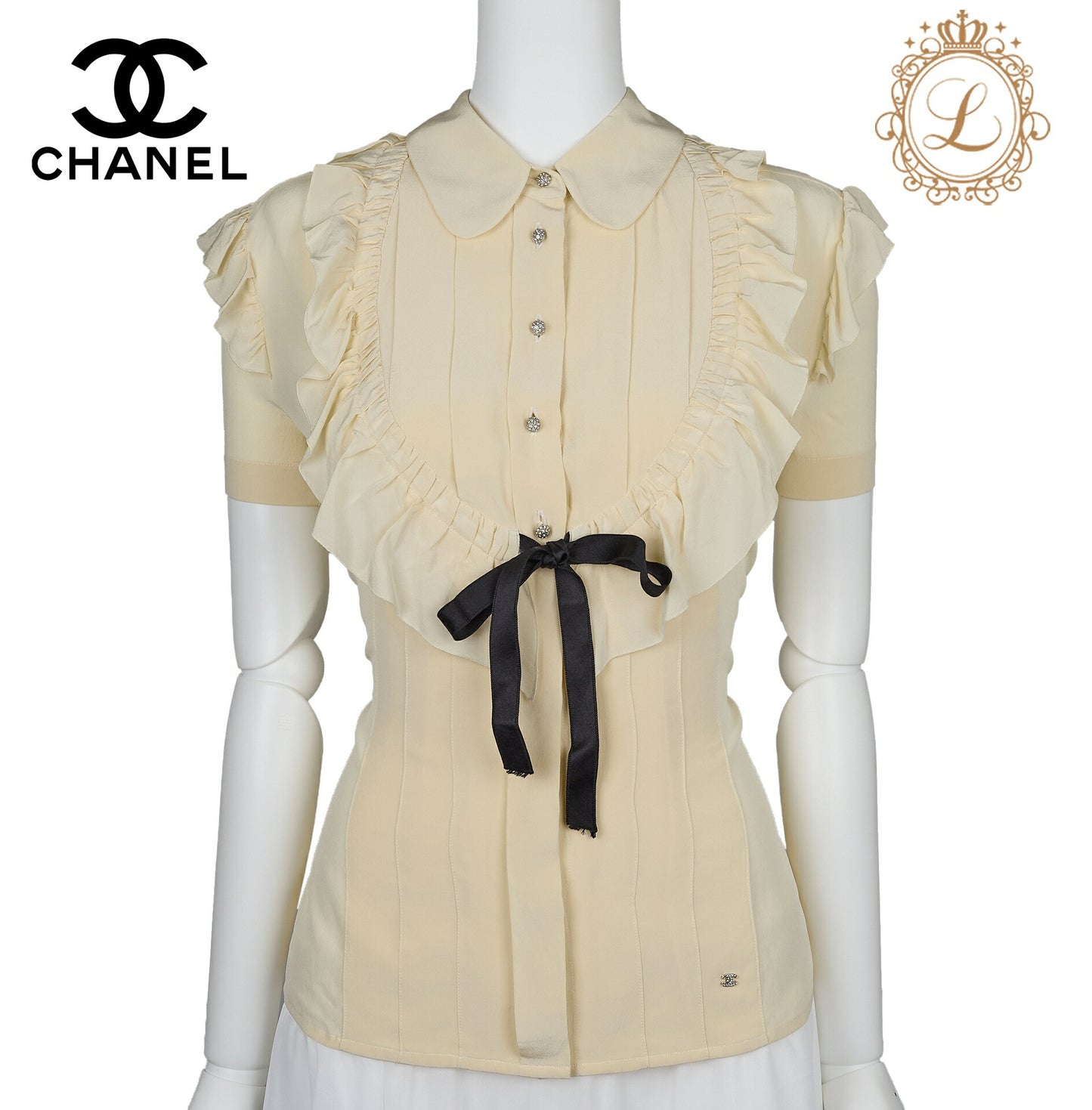 CHANEL Blouse, Short Sleeve, Cut-and-Sew, 100% Silk, Beige, Gold-Tone Hardware, Pre-Owned - Vintage La Charme