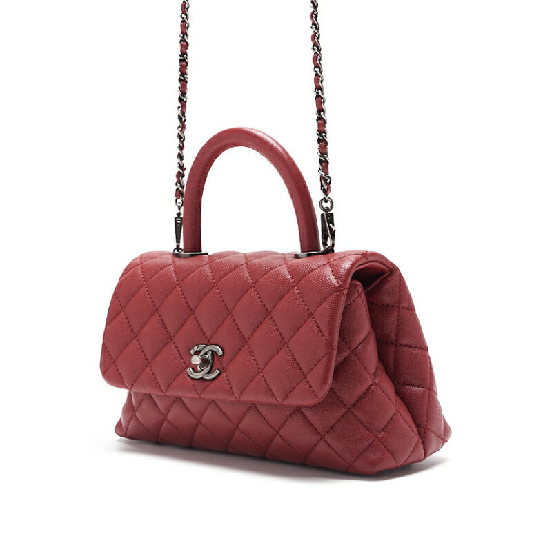 CHANEL Handbag Matelasse Coco Handle 2WAY Caviar Skin Red Silver-Tone Hardware Pre-Owned - Vintage La Charme