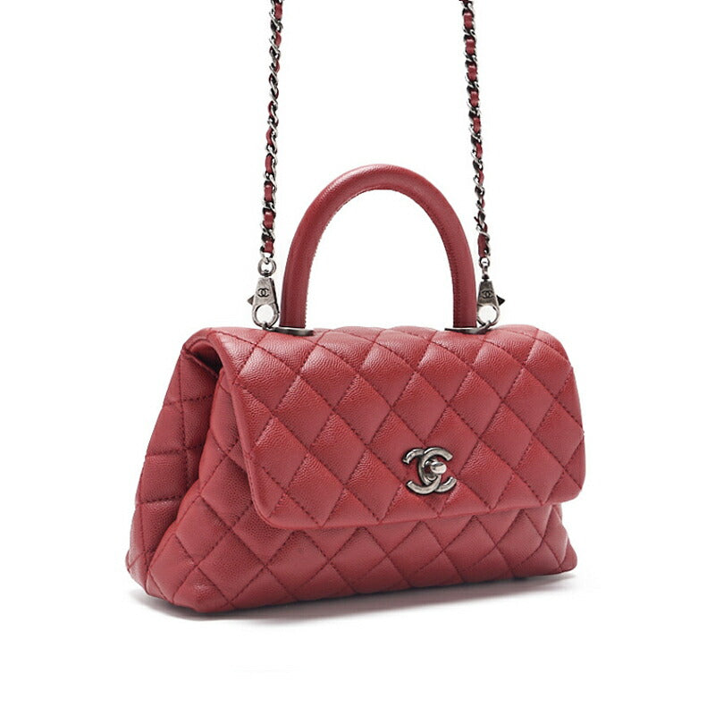 CHANEL Handbag Matelasse Coco Handle 2WAY Caviar Skin Red Silver-Tone Hardware Pre-Owned - Vintage La Charme