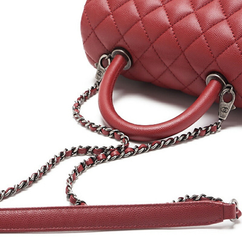 CHANEL Handbag Matelasse Coco Handle 2WAY Caviar Skin Red Silver-Tone Hardware Pre-Owned - Vintage La Charme