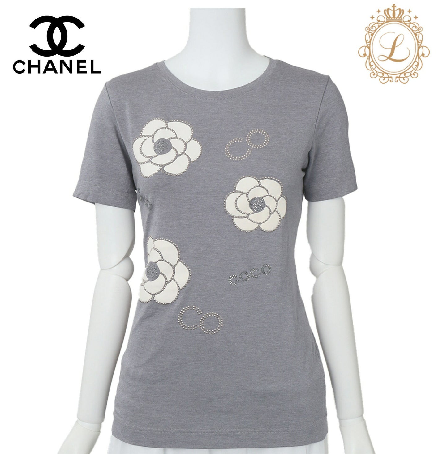 CHANEL T-Shirt Short Sleeve Cut-and-Sew Gray Gold-Tone Hardware Pre-Owned - Vintage La Charme