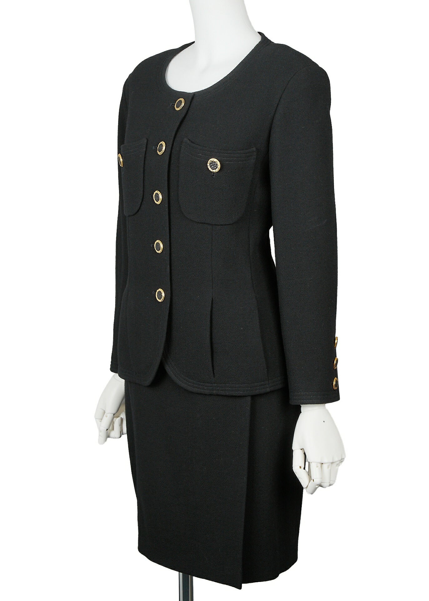 CHANEL Jacket Skirt Set Up, No Collar, Wool Blend, Black, Silver-Tone Hardware, Pre-Owned - Vintage La Charme