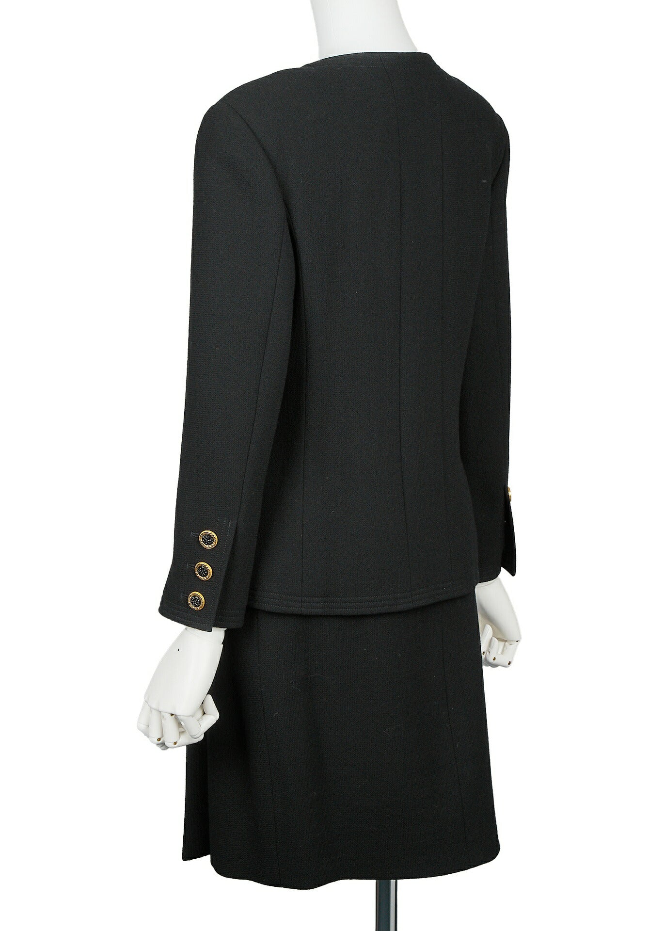 CHANEL Jacket Skirt Set Up, No Collar, Wool Blend, Black, Silver-Tone Hardware, Pre-Owned - Vintage La Charme