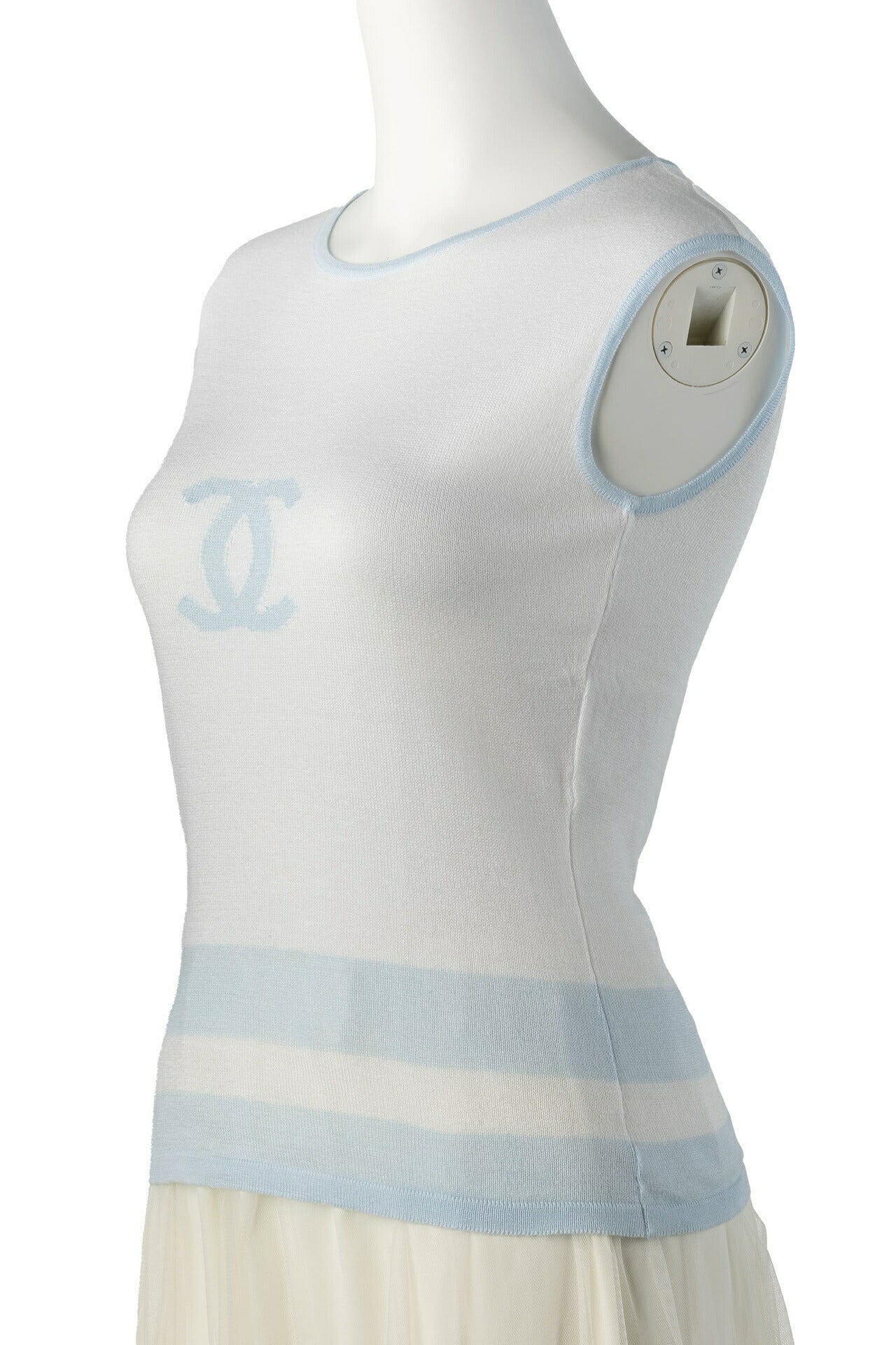 CHANEL Sleeveless T-Shirt, Cut-and-Sew, Cotton, White, Silver-Tone Hardware, Pre-Owned - Vintage La Charme