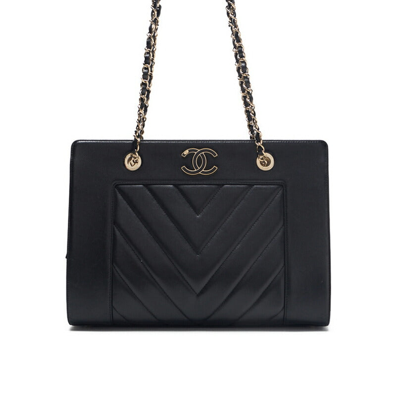 CHANEL Shoulder Bag, V-Stitch Deca Coco, Double Chain, Lambskin, Black, Gold-Tone Hardware, Pre-Owned - Vintage La Charme