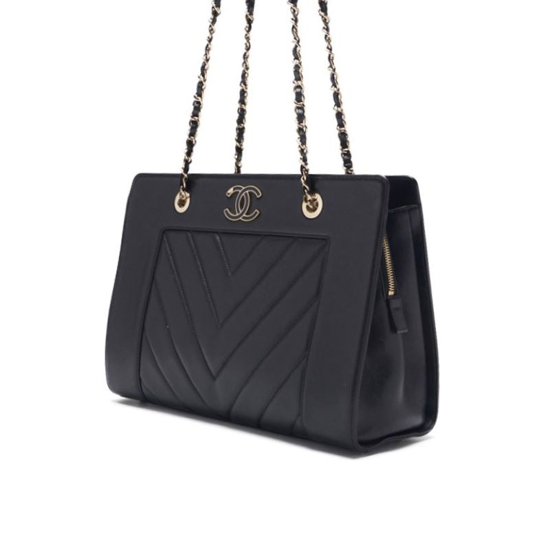 CHANEL Shoulder Bag, V-Stitch Deca Coco, Double Chain, Lambskin, Black, Gold-Tone Hardware, Pre-Owned - Vintage La Charme