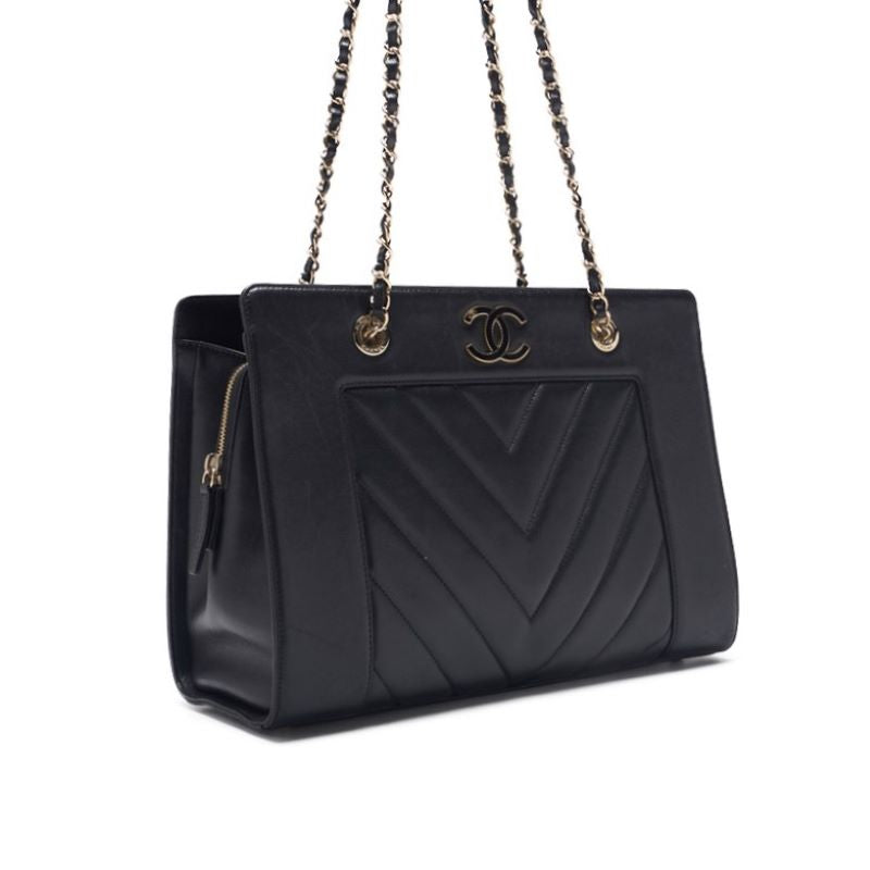 CHANEL Shoulder Bag, V-Stitch Deca Coco, Double Chain, Lambskin, Black, Gold-Tone Hardware, Pre-Owned - Vintage La Charme