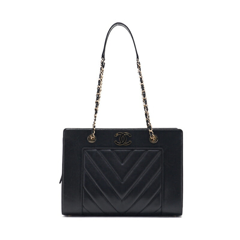 CHANEL Shoulder Bag, V-Stitch Deca Coco, Double Chain, Lambskin, Black, Gold-Tone Hardware, Pre-Owned - Vintage La Charme