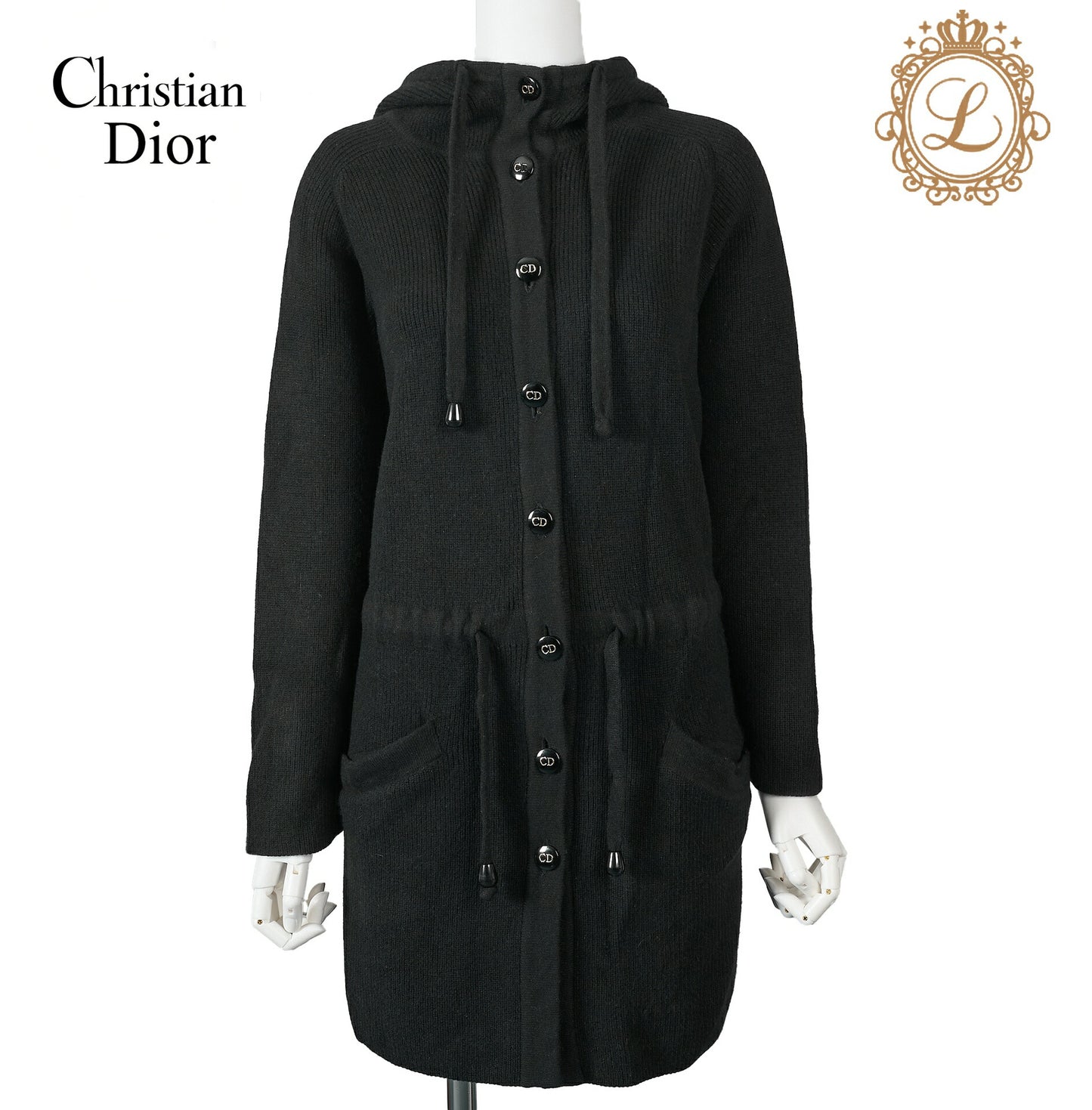 Dior Hooded Cardigan, Gilogo Button, Knit, Wool, Black, Silver-Tone Hardware, Pre-Owned - Vintage La Charme