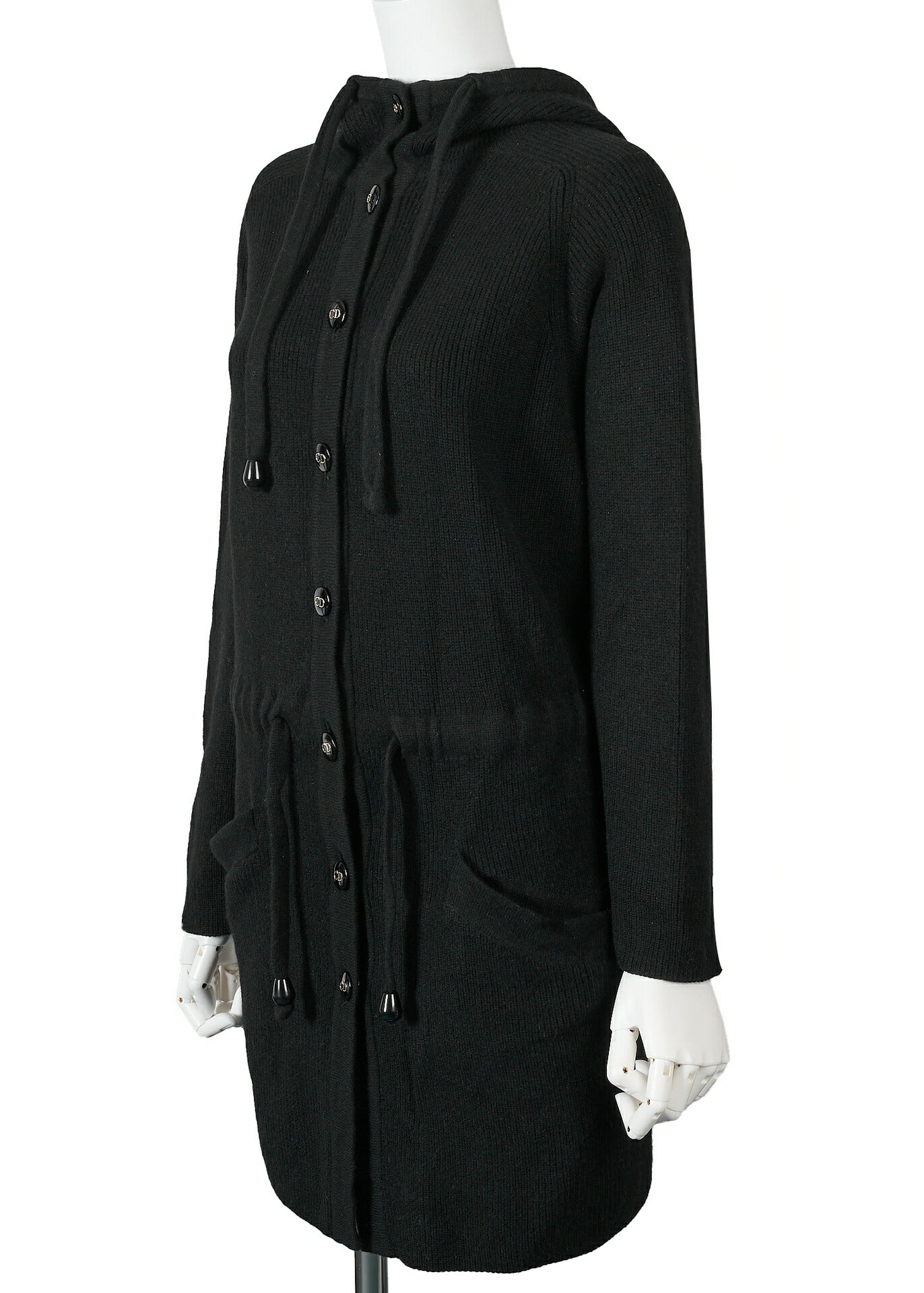 Dior Hooded Cardigan, Gilogo Button, Knit, Wool, Black, Silver-Tone Hardware, Pre-Owned - Vintage La Charme