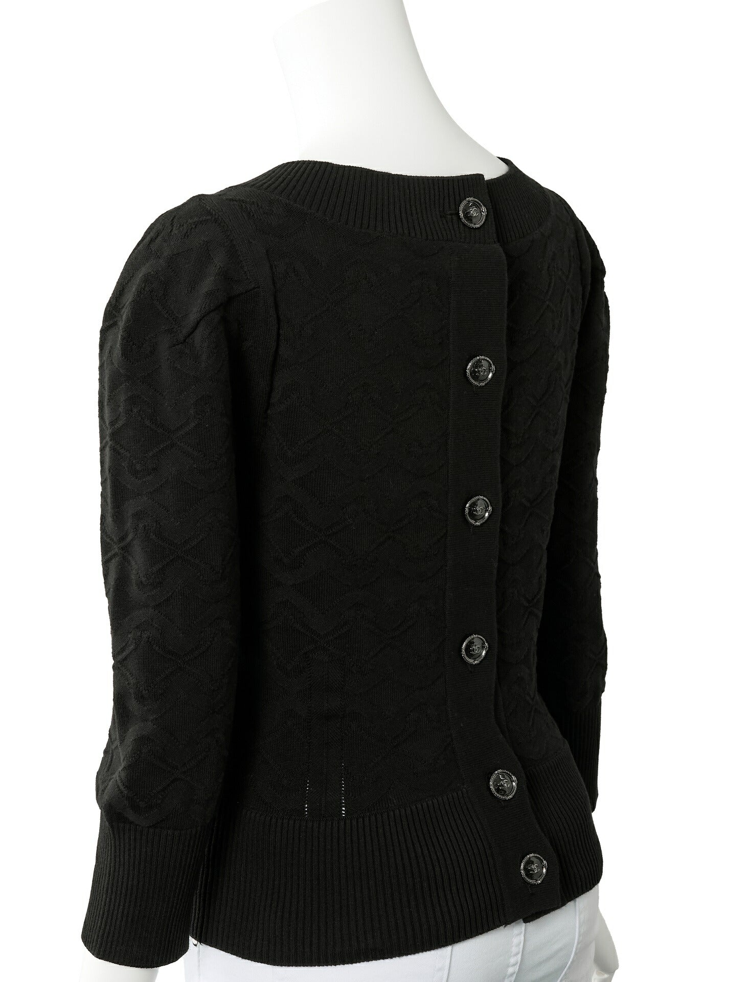 CHANEL Cardigan Knit Top, Coco Button Design, Cotton, Black, Gold-Tone Hardware, Pre-Owned - Vintage La Charme