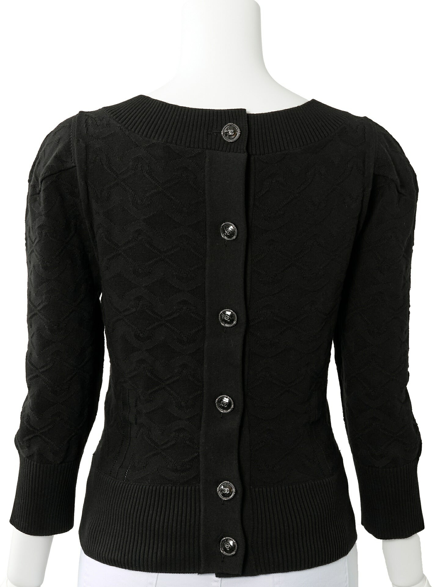 CHANEL Cardigan Knit Top, Coco Button Design, Cotton, Black, Gold-Tone Hardware, Pre-Owned - Vintage La Charme