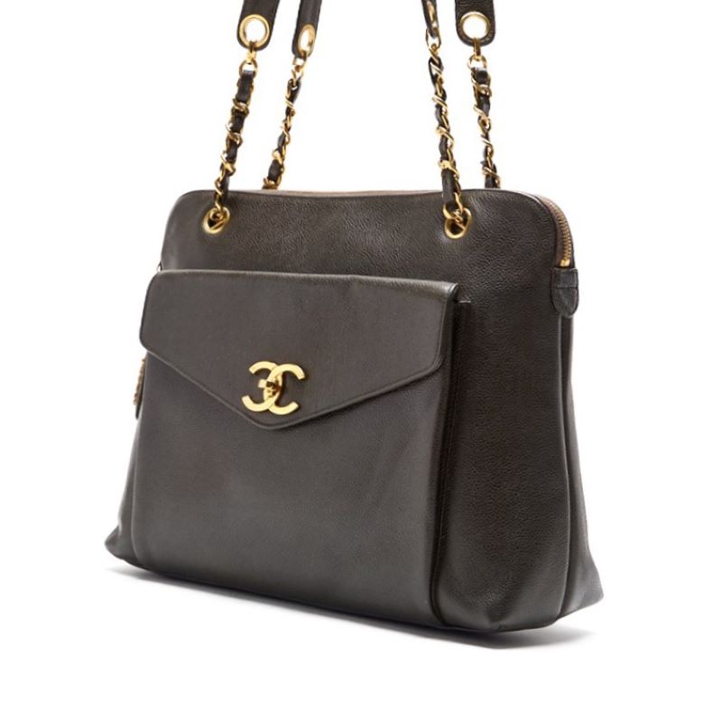 CHANEL Shoulder Bag, Outside Flap, Double Chain, Caviar Skin, Khaki, Gold-Tone Hardware, Pre-Owned - Vintage La Charme
