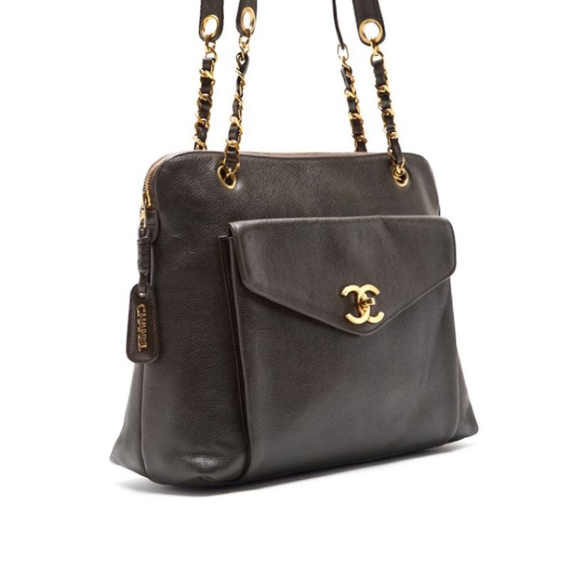 CHANEL Shoulder Bag, Outside Flap, Double Chain, Caviar Skin, Khaki, Gold-Tone Hardware, Pre-Owned - Vintage La Charme