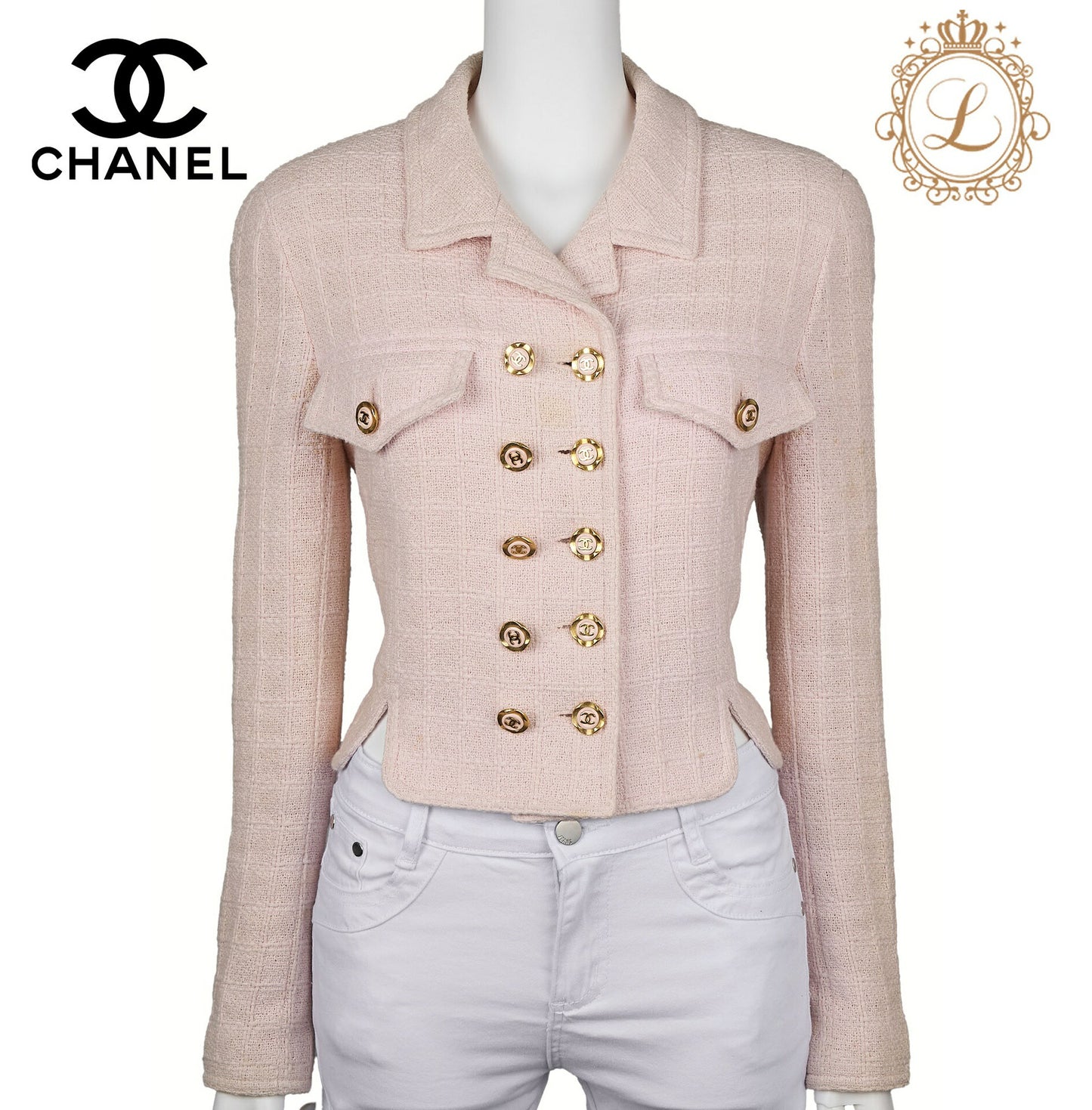 CHANEL Jacket, Coco Button, Tweed, Cotton, Pink, Gold-Tone Hardware, Pre-Owned - Vintage La Charme