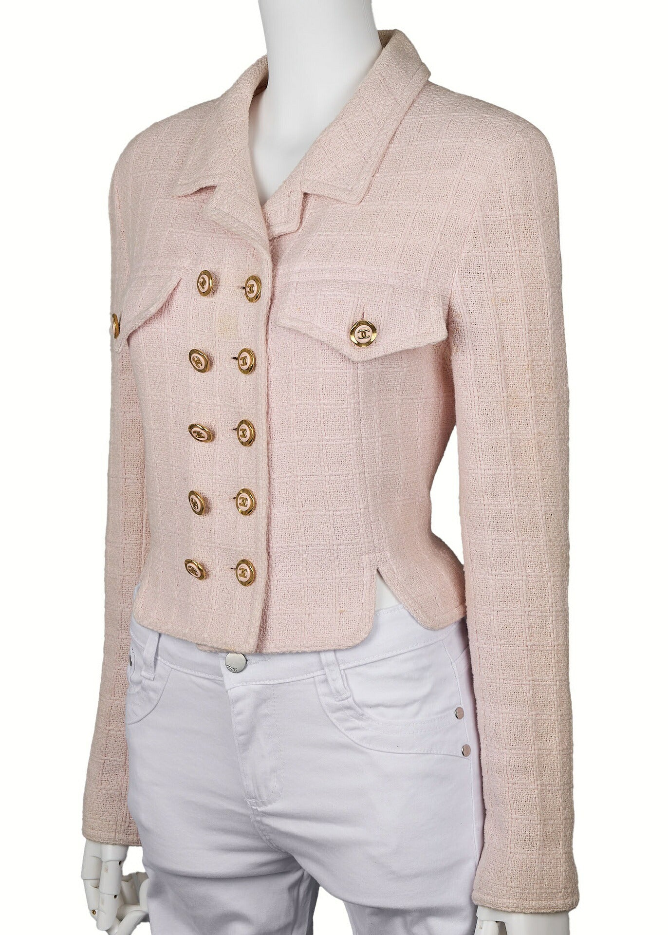 CHANEL Jacket, Coco Button, Tweed, Cotton, Pink, Gold-Tone Hardware, Pre-Owned - Vintage La Charme