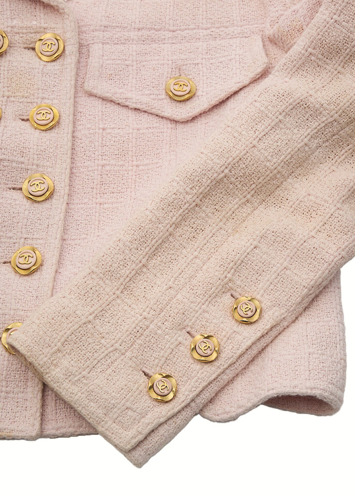 CHANEL Jacket, Coco Button, Tweed, Cotton, Pink, Gold-Tone Hardware, Pre-Owned - Vintage La Charme