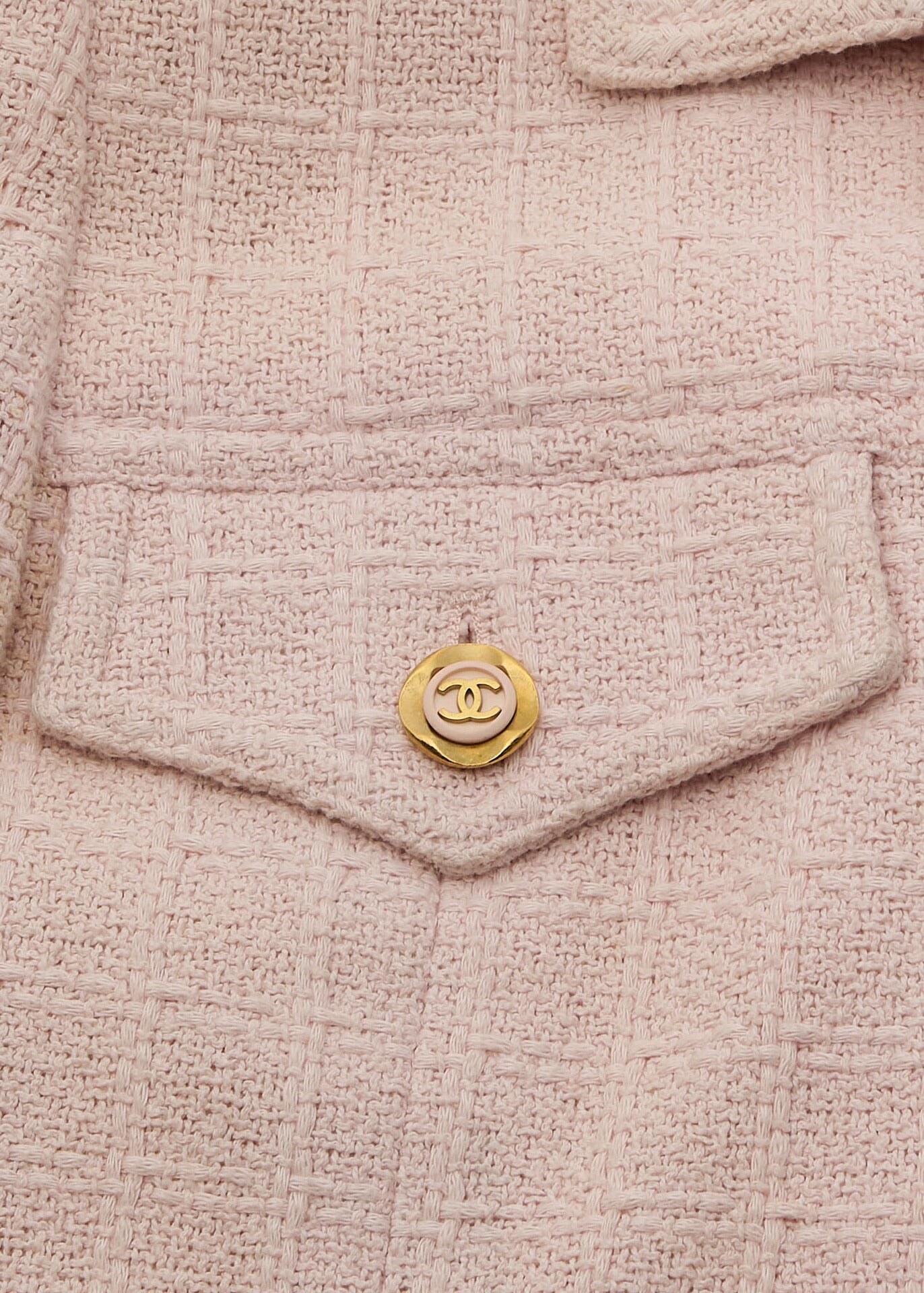 CHANEL Jacket, Coco Button, Tweed, Cotton, Pink, Gold-Tone Hardware, Pre-Owned - Vintage La Charme