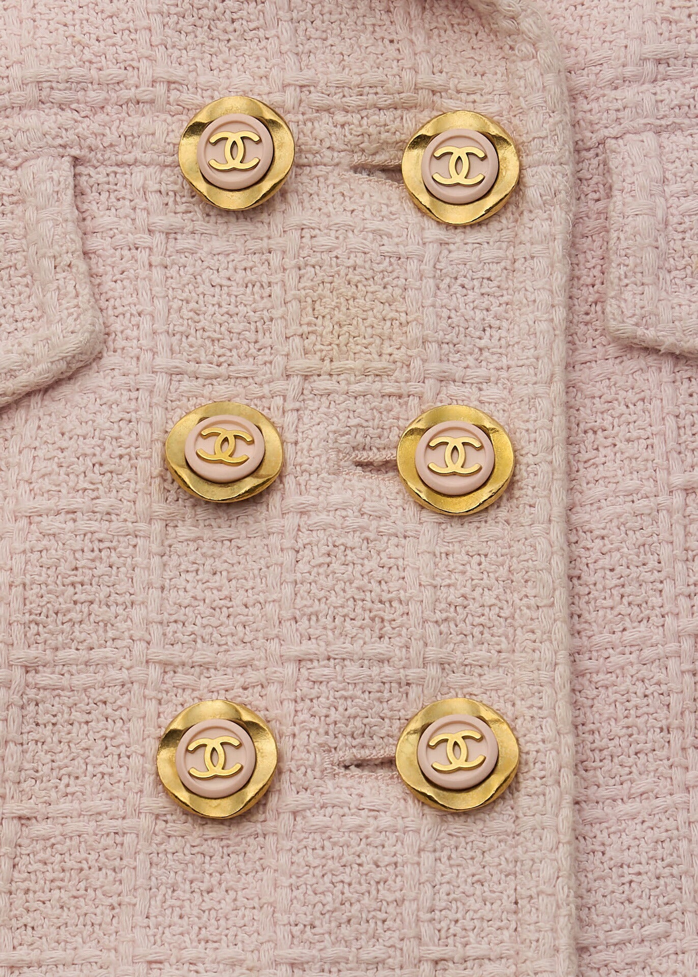 CHANEL Jacket, Coco Button, Tweed, Cotton, Pink, Gold-Tone Hardware, Pre-Owned - Vintage La Charme