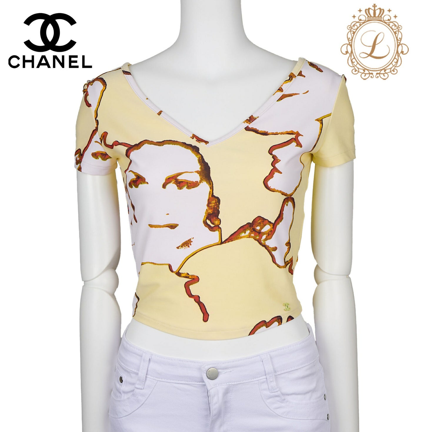 CHANEL T-Shirt, Coco Mark Total Pattern, Short Sleeve, Cotton, Yellow, Gold-Tone Hardware, Pre-Owned - Vintage La Charme
