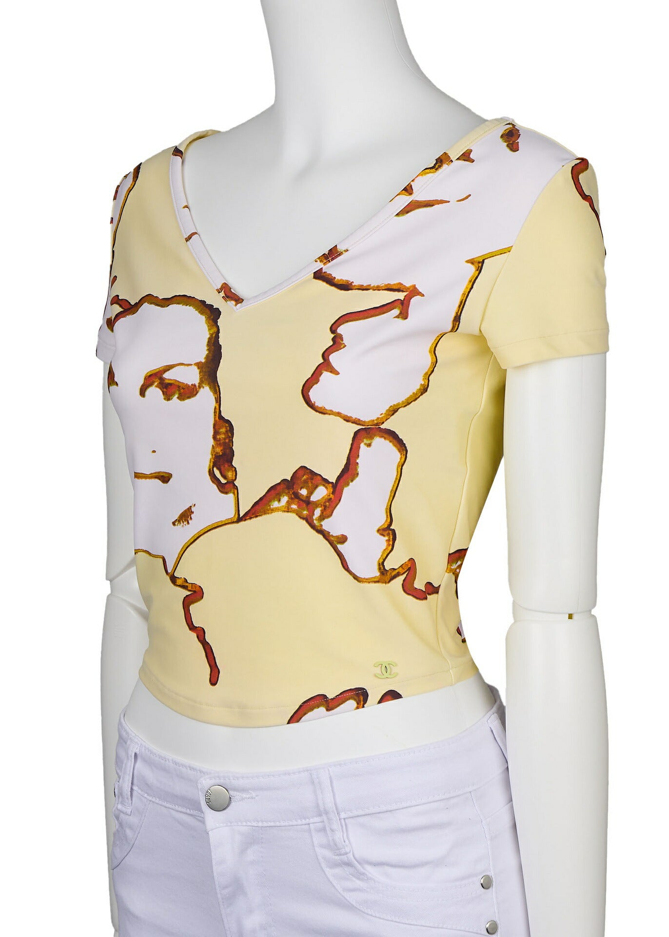 CHANEL T-Shirt, Coco Mark Total Pattern, Short Sleeve, Cotton, Yellow, Gold-Tone Hardware, Pre-Owned - Vintage La Charme
