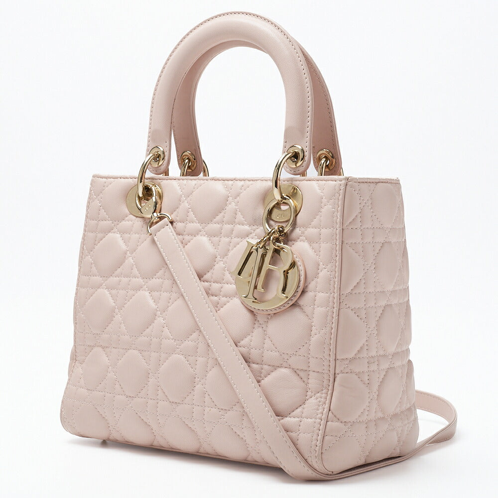Dior Lady Dior Cannage 2WAY Handbag Lambskin Light Pink Gold-Tone Hardware Pre-Owned - Vintage La Charme