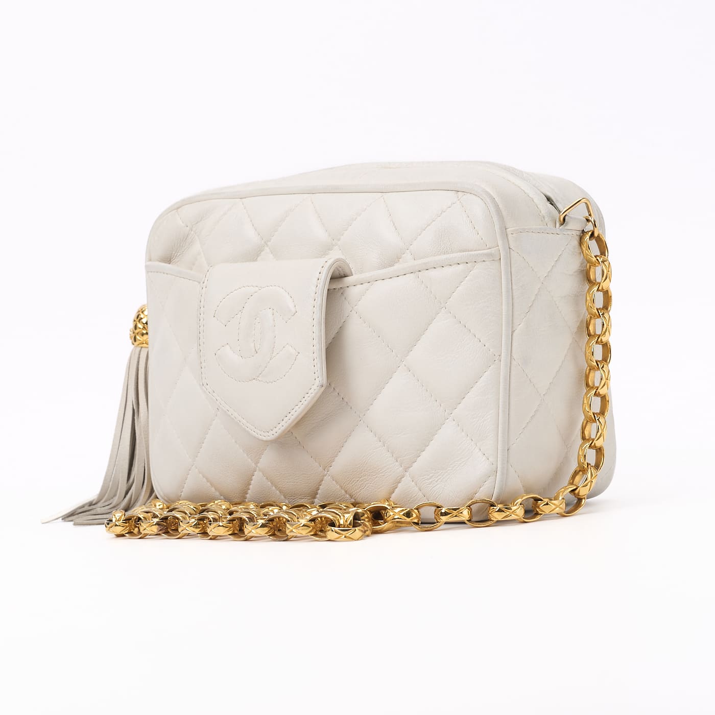 CHANEL Shoulder Bag Mini Matelasse Coco Mark With Fringe Bijou Chain Lambskin White Gold-Tone Hardware Pre-Owned - Vintage La Charme