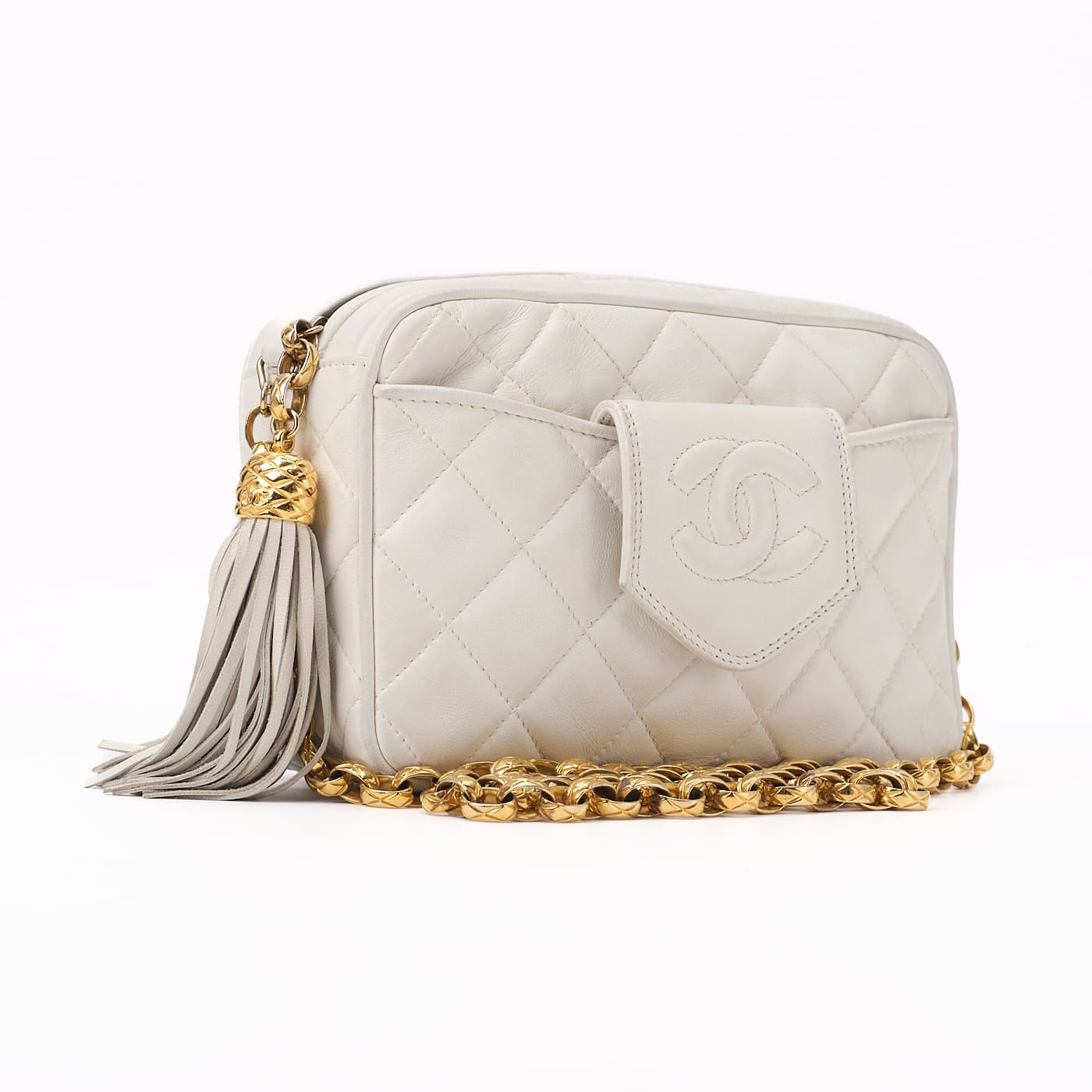 CHANEL Shoulder Bag Mini Matelasse Coco Mark With Fringe Bijou Chain Lambskin White Gold-Tone Hardware Pre-Owned - Vintage La Charme