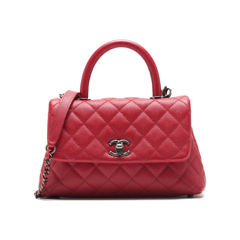 CHANEL Handbag Matelasse Coco Handle 2WAY Caviar Skin Red Silver-Tone Hardware Pre-Owned - Vintage La Charme