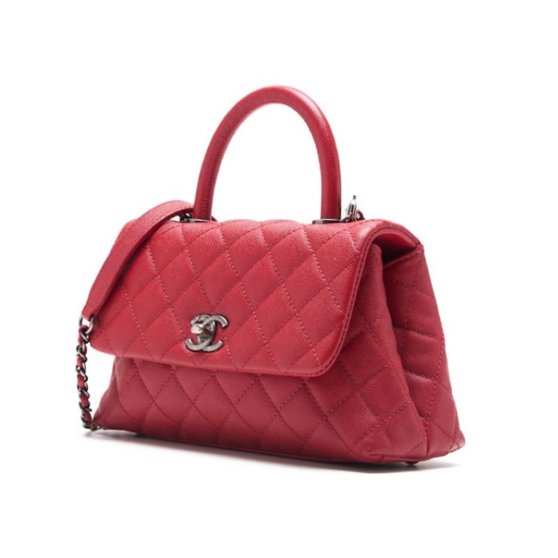 CHANEL Handbag Matelasse Coco Handle 2WAY Caviar Skin Red Silver-Tone Hardware Pre-Owned - Vintage La Charme