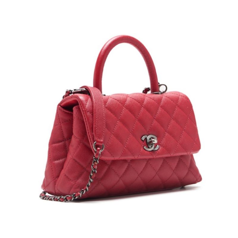 CHANEL Handbag Matelasse Coco Handle 2WAY Caviar Skin Red Silver-Tone Hardware Pre-Owned - Vintage La Charme