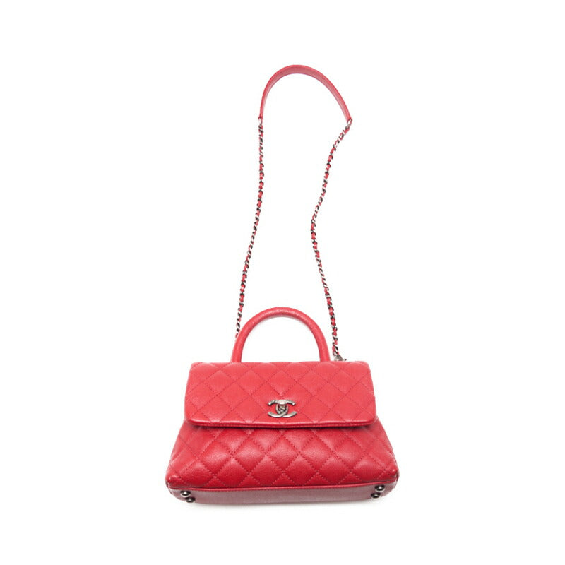 CHANEL Handbag Matelasse Coco Handle 2WAY Caviar Skin Red Silver-Tone Hardware Pre-Owned - Vintage La Charme