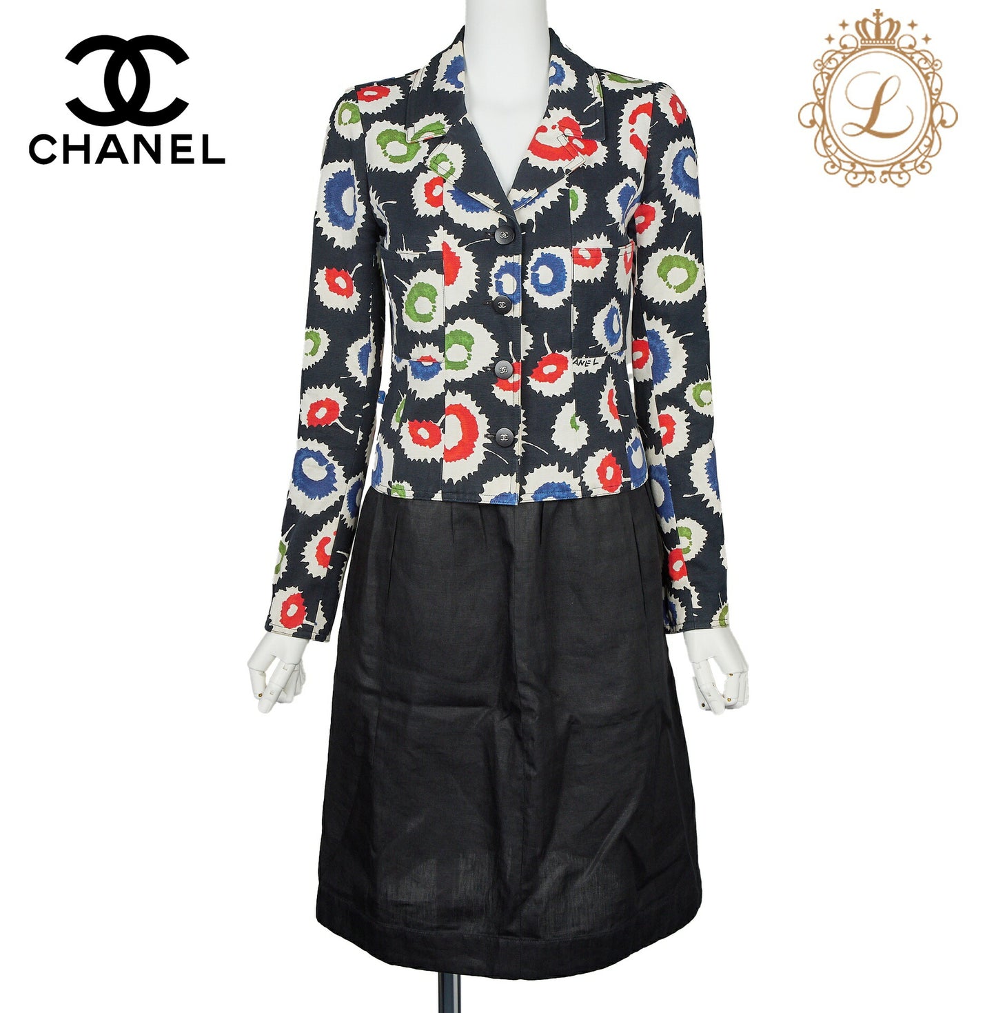 Chanel Jacket Skirt Setup, Paint Pattern, Cotton, Black, Gold-Tone Hardware, Pre-Owned - Vintage La Charme