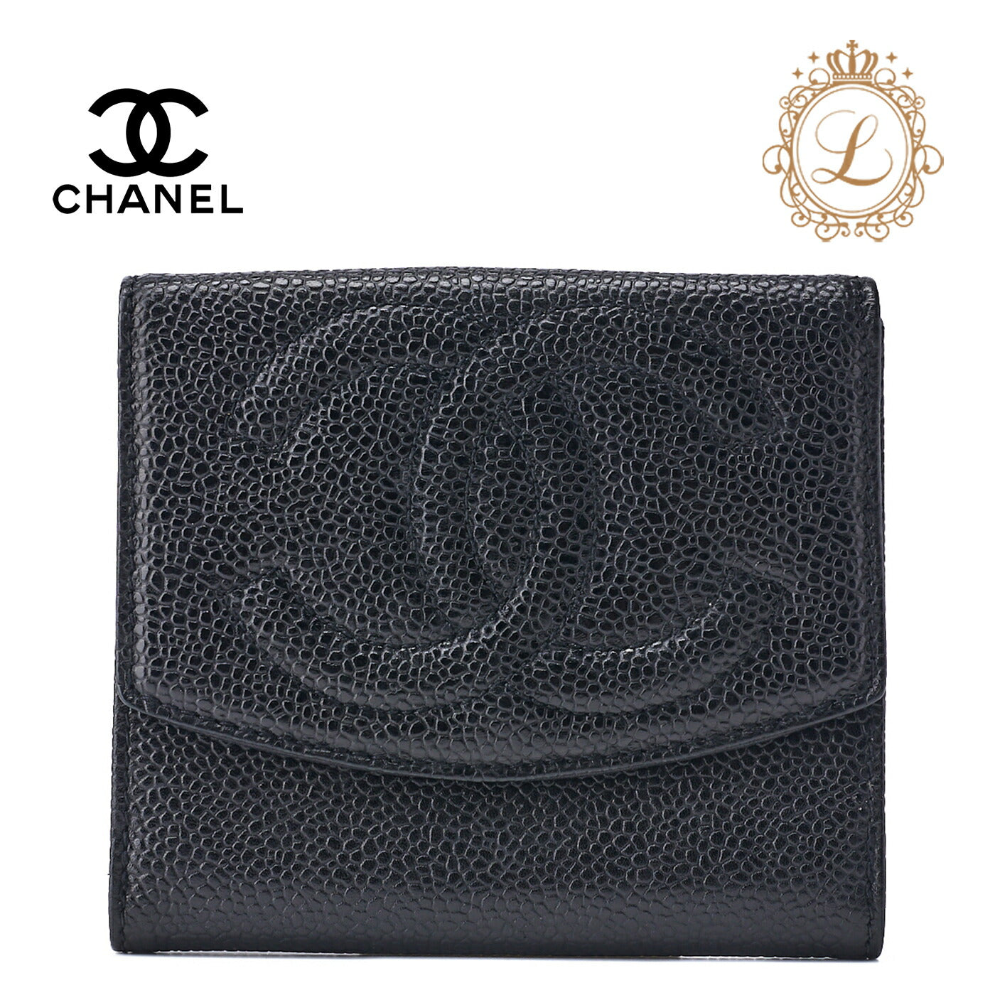 CHANEL Bi-Fold Wallet Coco Mark Caviar Skin Black Gold-Tone Hardware Pre-Owned - Vintage La Charme