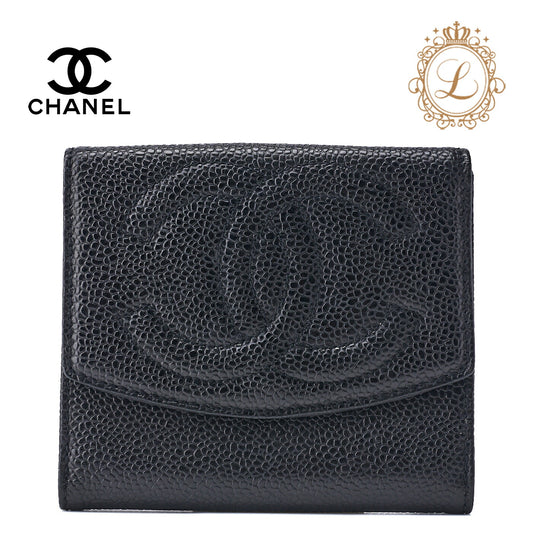 CHANEL Bi-Fold Wallet Coco Mark Caviar Skin Black Gold-Tone Hardware Pre-Owned - Vintage La Charme