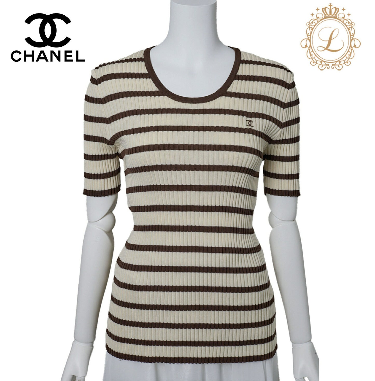 CHANEL T-Shirt, Coco Mark Border, Knit, Cotton, Ivory, Gold-Tone Hardware, Pre-Owned - Vintage La Charme