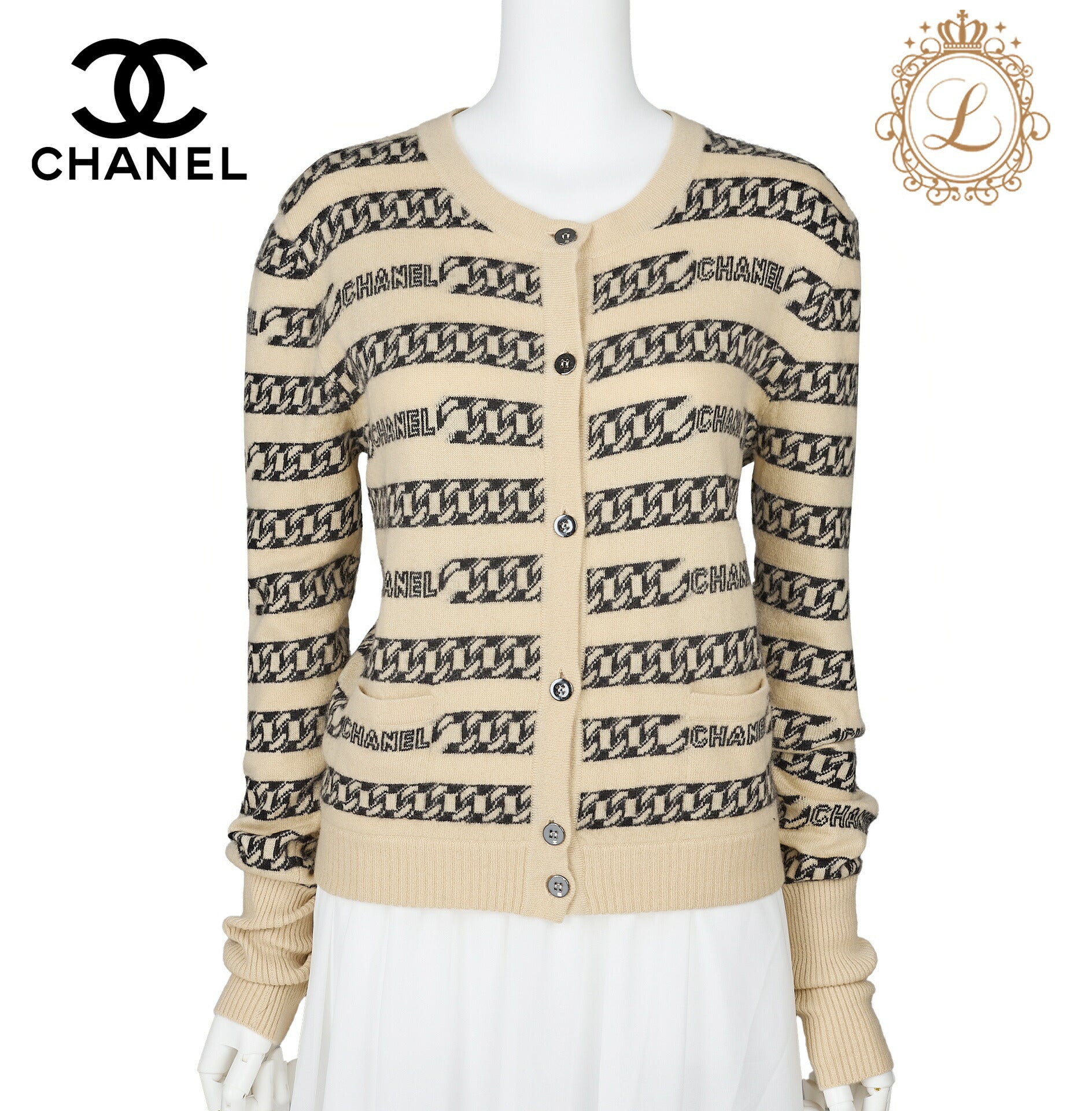 CHANEL Cardigan Knit Jacket, Coco Button, Cashmere, Beige, Gold-Tone Hardware, Pre-Owned - Vintage La Charme