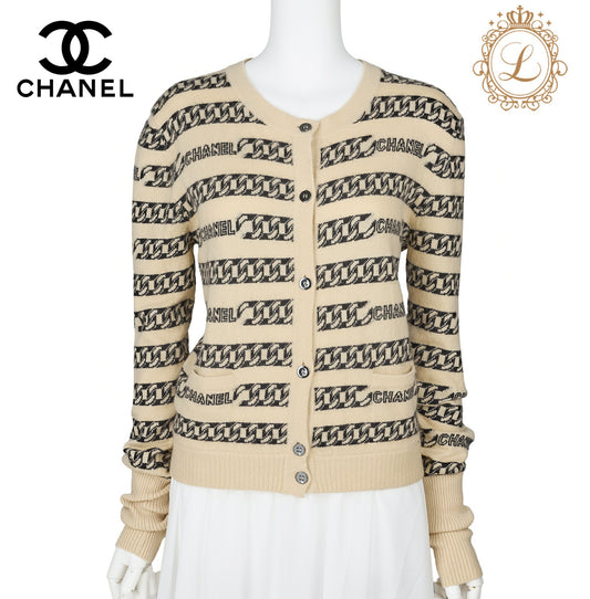 CHANEL Cardigan Knit Jacket, Coco Button, Cashmere, Beige, Gold-Tone Hardware, Pre-Owned - Vintage La Charme
