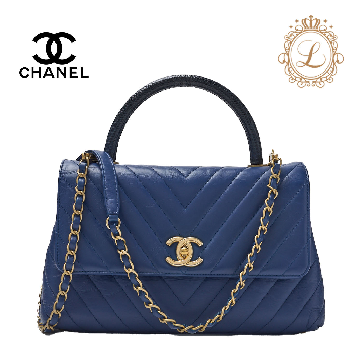 CHANEL 2WAY Handbag V Stitch Coco Handle Calf Blue Gold-Tone Hardware Pre-Owned - Vintage La Charme