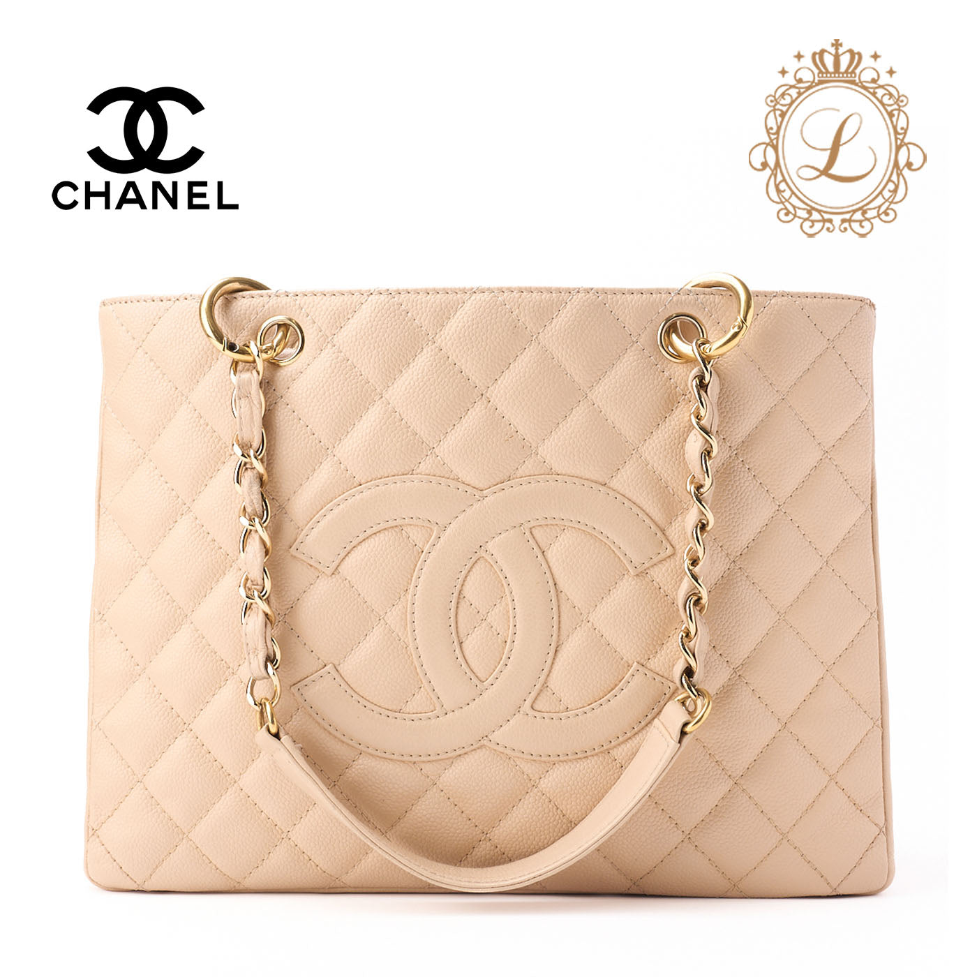 CHANEL Tote Bag Matelasse GST Double Chain Caviar Skin Beige Gold-Tone Hardware Pre-Owned - Vintage La Charme