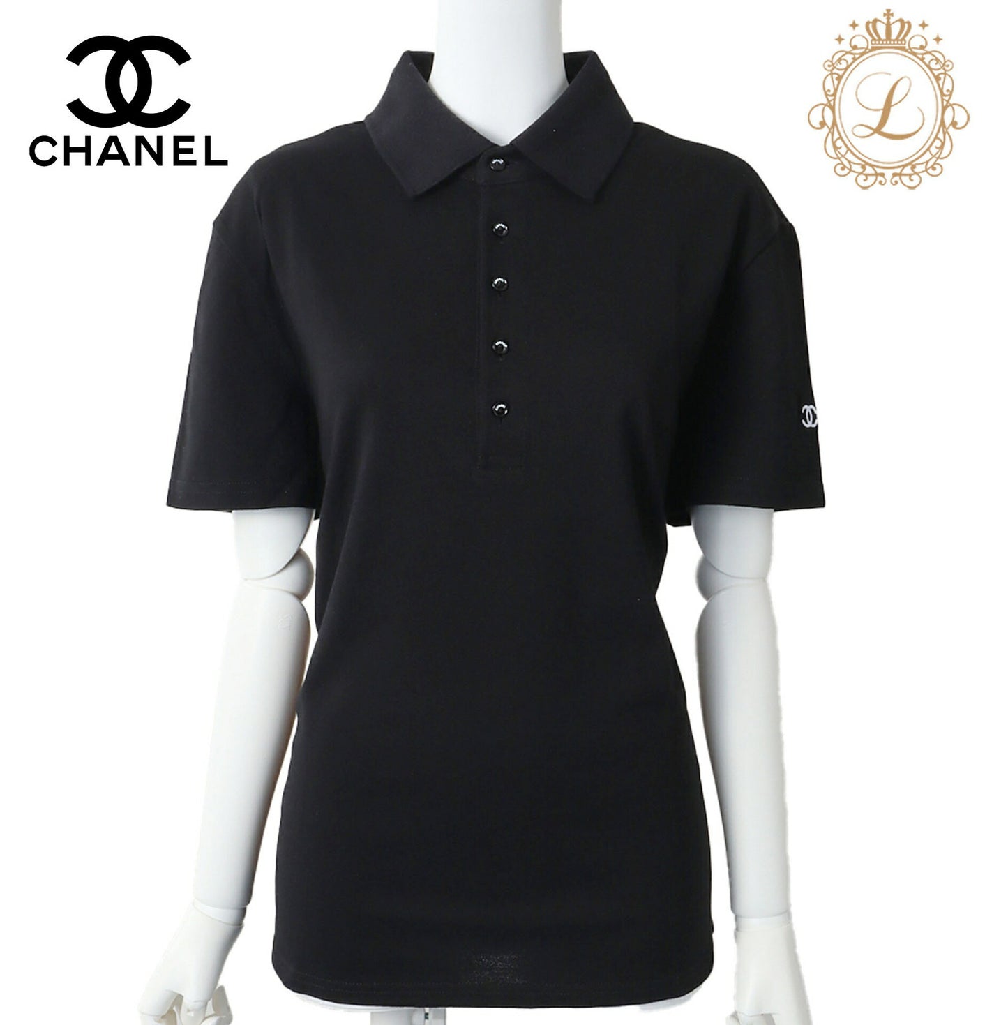 CHANEL Polo Shirt, Coco Mark Logo Button, Cut-and-Sew, Cotton, Black, Gold-Tone Hardware, Pre-Owned - Vintage La Charme