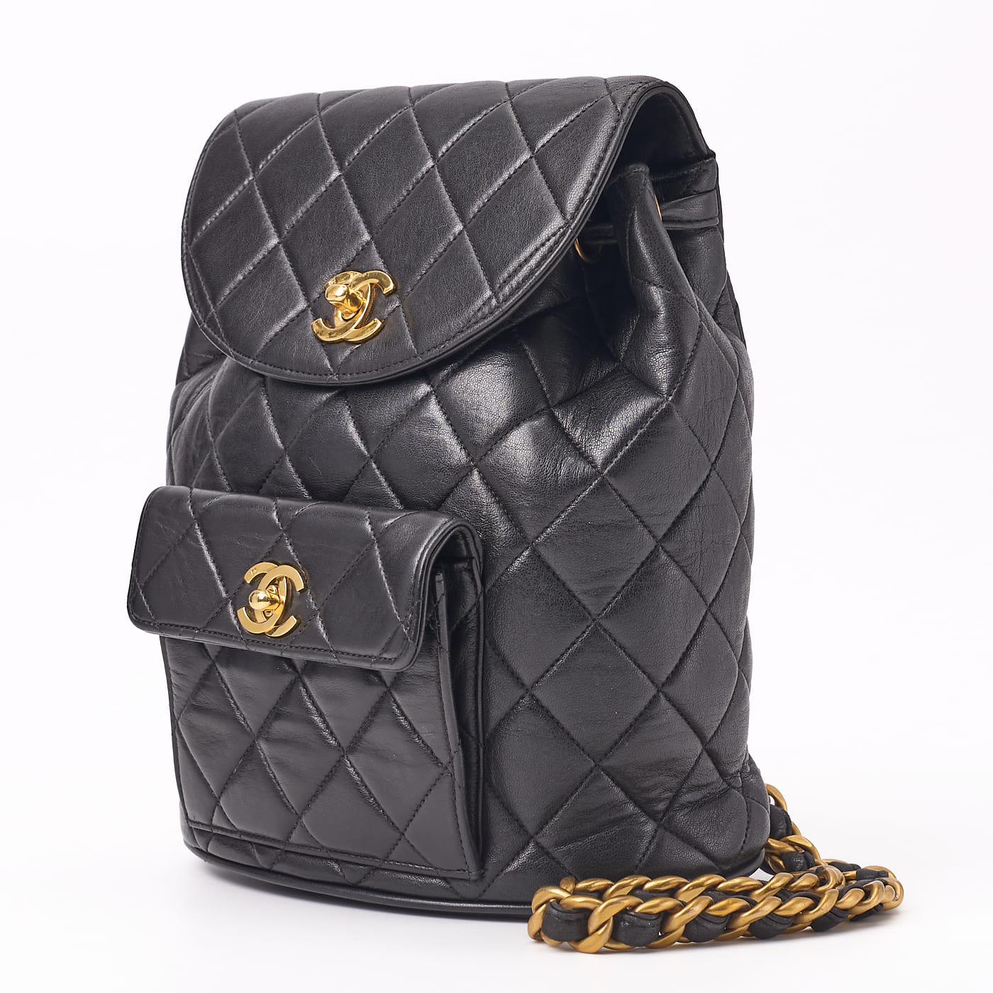 CHANEL Chain Backpack Bag Matelasse Outside Flap Turn Lock Lambskin Black Gold-Tone Hardware Pre-Owned - Vintage La Charme