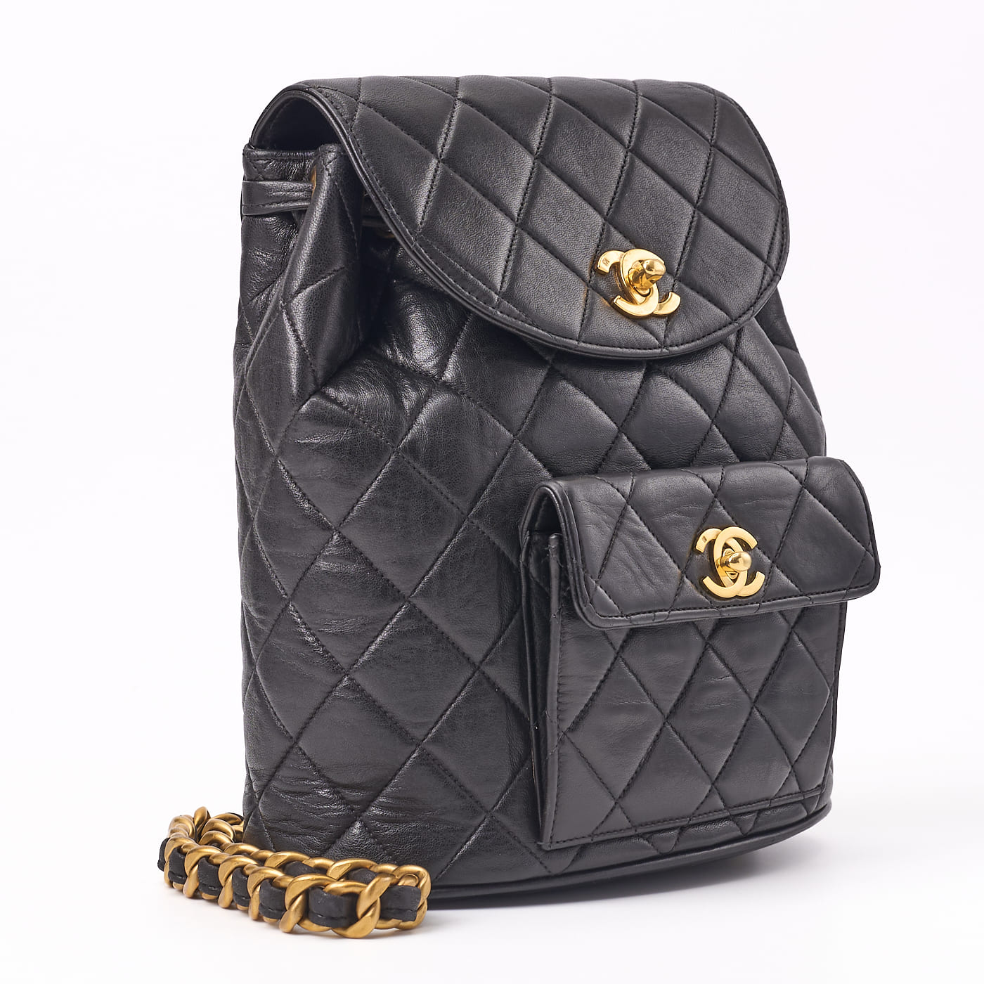 CHANEL Chain Backpack Bag Matelasse Outside Flap Turn Lock Lambskin Black Gold-Tone Hardware Pre-Owned - Vintage La Charme