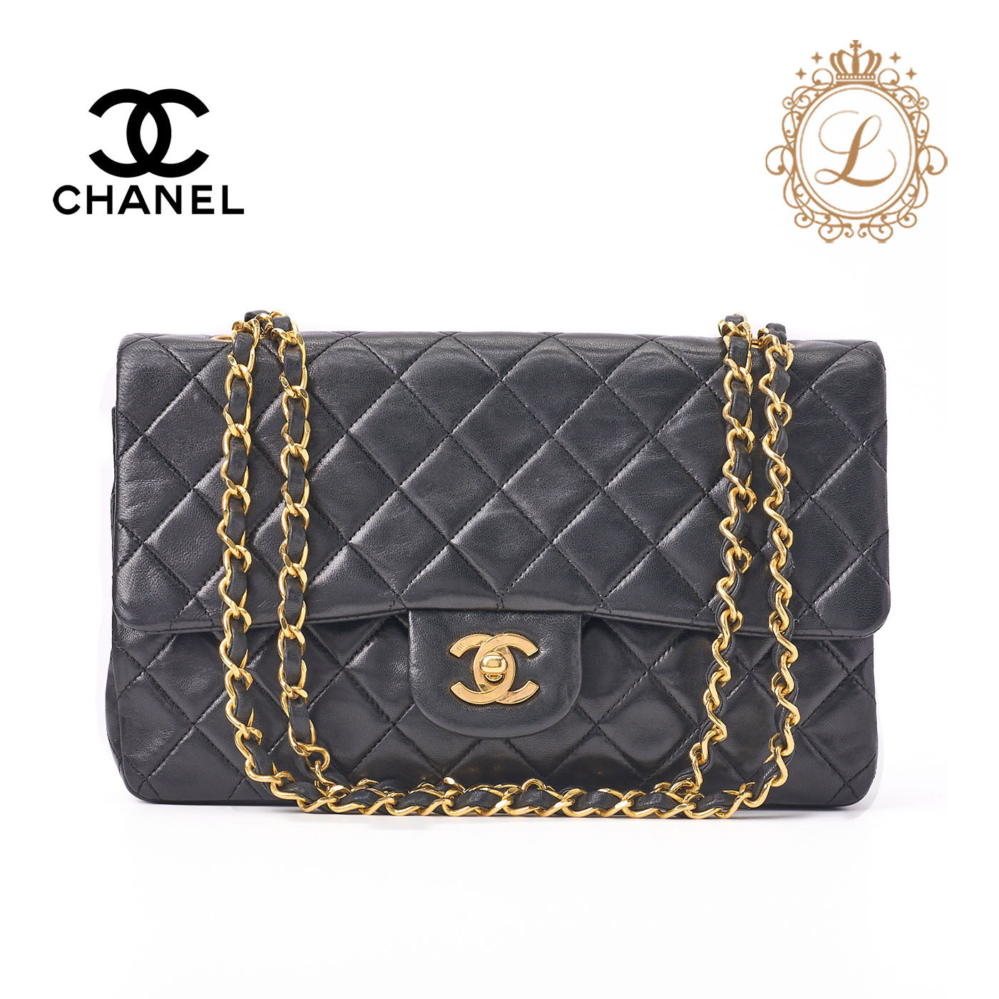 CHANEL Shoulder Bag Matelasse Turn Lock Double Flap Lambskin Black Gold-Tone Hardware Pre-Owned - Vintage La Charme