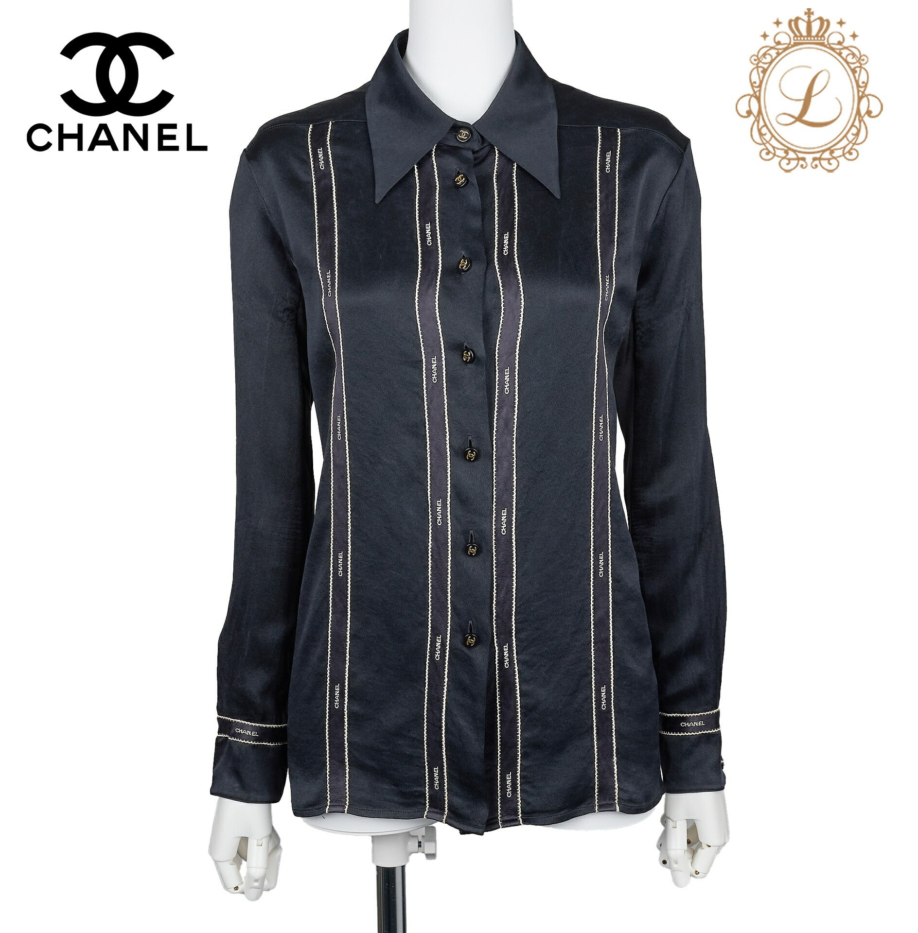 Chanel Blouse Shirt Long Sleeve Coco Button Silk Black Gold-Tone Hardware Pre-Owned - Vintage La Charme