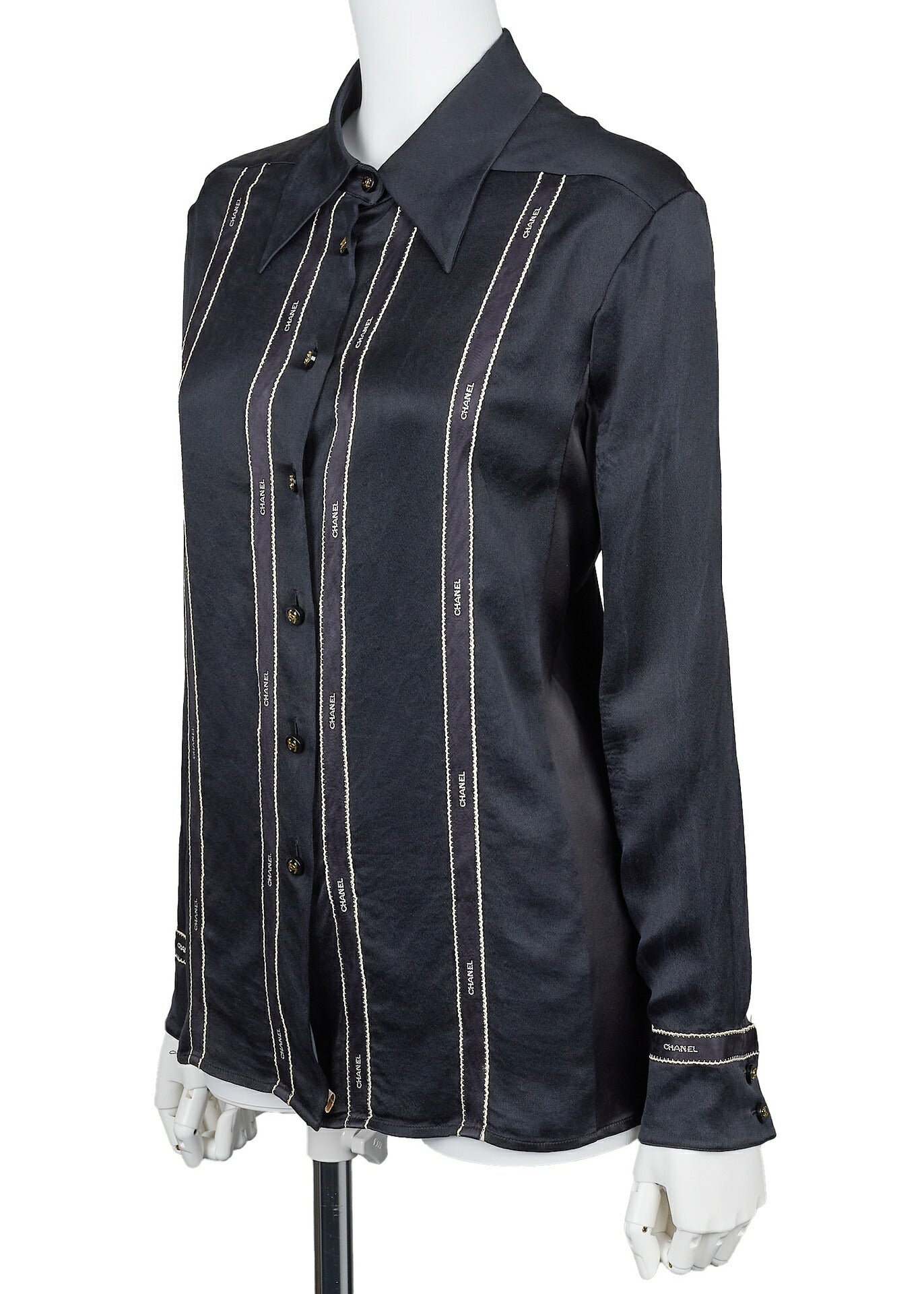 Chanel Blouse Shirt Long Sleeve Coco Button Silk Black Gold-Tone Hardware Pre-Owned - Vintage La Charme